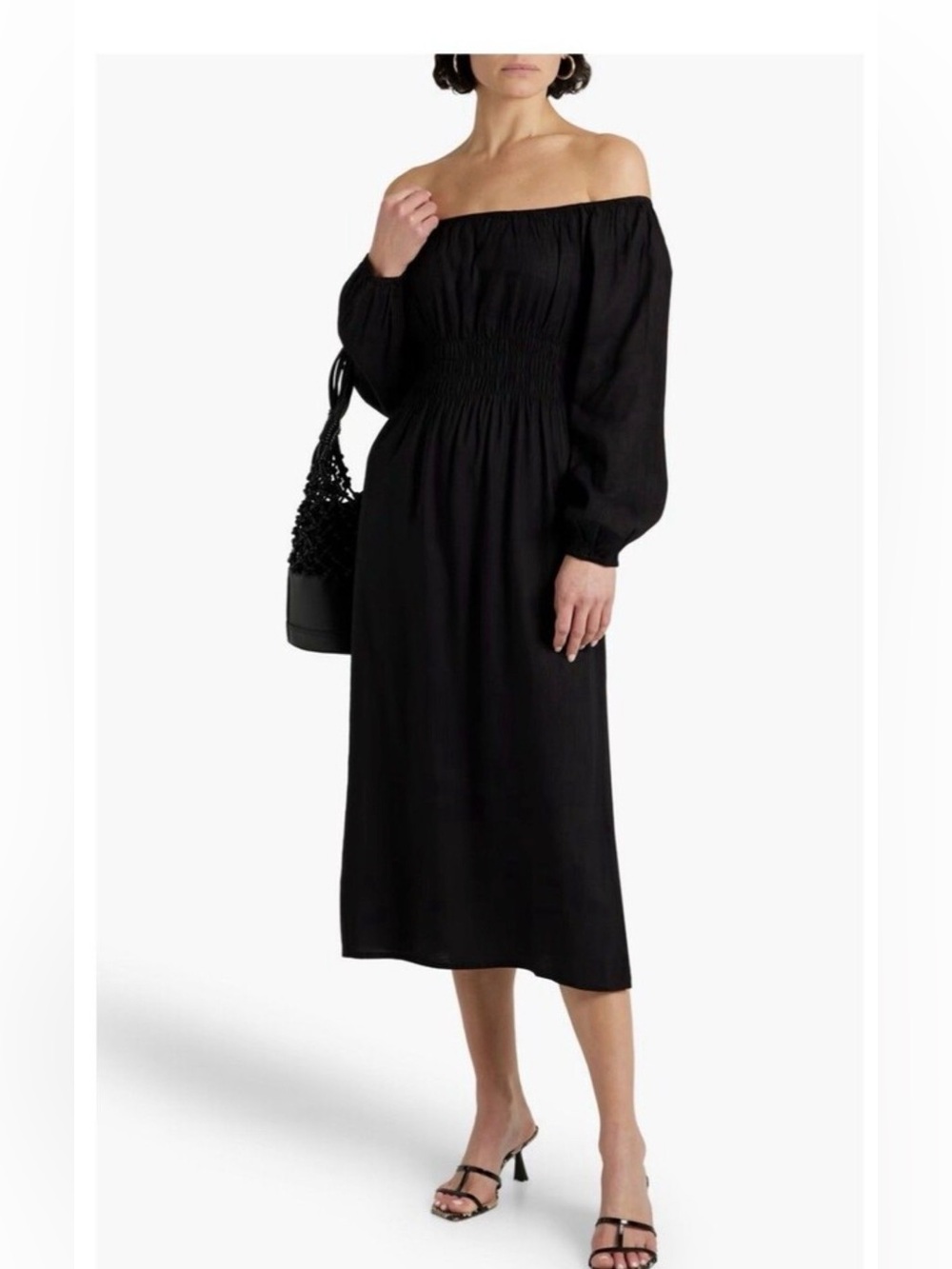 OMIA Air Linen Smocked LS Dress Off-Shoulder Black Midi Dress with Smocked Waist